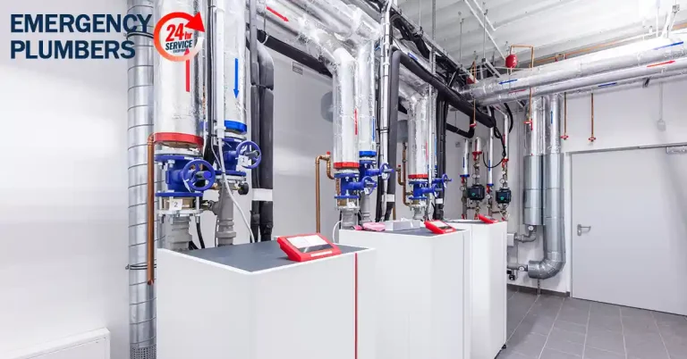 A commercial plumbing setup featuring multiple large pipes, valves, and control panels in a utility room, with "Emergency Plumbers" and "24h Service" logos on the wall.