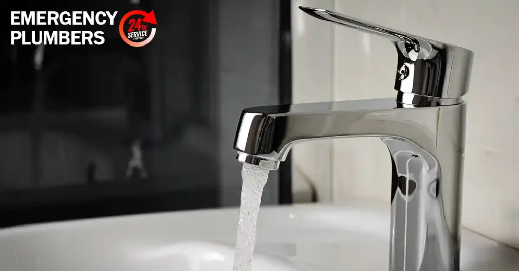 A faucet with running water is pictured, with an "Emergency Plumbers 24/7 Service" text overlay in the upper left corner.