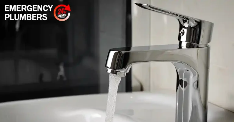 A faucet with running water is pictured, with an "Emergency Plumbers 24/7 Service" text overlay in the upper left corner.