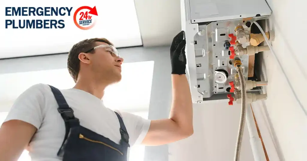 Plumber wearing a white t-shirt and overalls, working on a boiler in a home. The text "EMERGENCY PLUMBERS 24x7 SERVICE" is in the top left corner.
