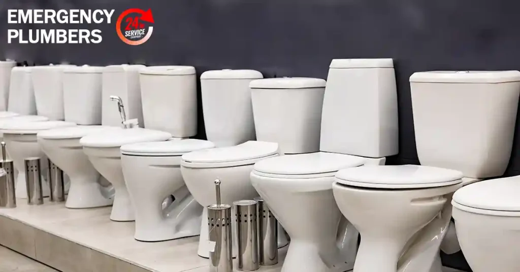A row of various toilet models display on a showroom floor with a sign that reads "Emergency Plumbers 24/7 Service" in the background.