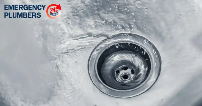 Image of a sink drain with water swirling down, accompanied by the text "EMERGENCY PLUMBERS" and a "24h Service" logo in the top left corner.