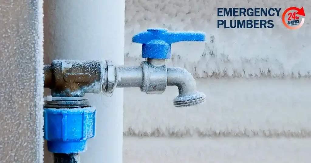 A frozen outdoor water faucet with frost covering the metal parts, against a textured background. Text in the image reads: "EMERGENCY PLUMBERS 24/7 SERVICE.