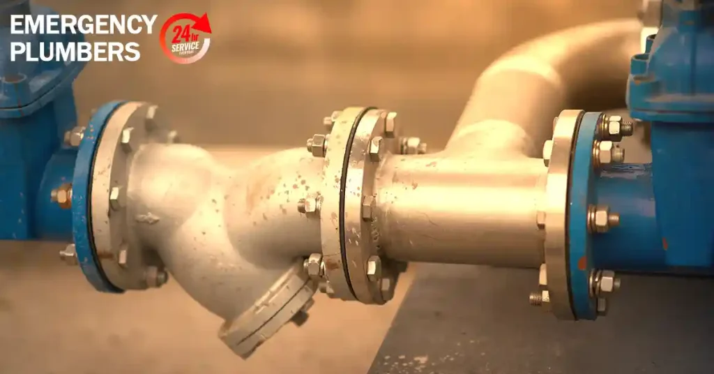Close-up of industrial plumbing with physical pipe connections and bolts, featuring the text "EMERGENCY PLUMBERS" and "24/7 SERVICE" in the top left corner.