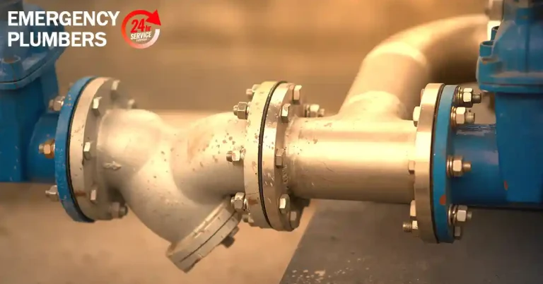 Close-up of industrial plumbing with physical pipe connections and bolts, featuring the text "EMERGENCY PLUMBERS" and "24/7 SERVICE" in the top left corner.