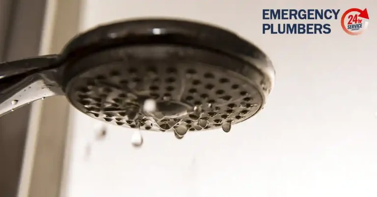 Close-up of a showerhead with water droplets falling. "EMERGENCY PLUMBERS" and "24/7 SERVICE" text with a red logo are visible in the background.