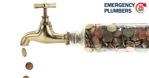 A gold faucet is connected to a jar of coins, with coins spilling out. The text "Emergency Plumbers 24/7 Service" is displayed on the right side.