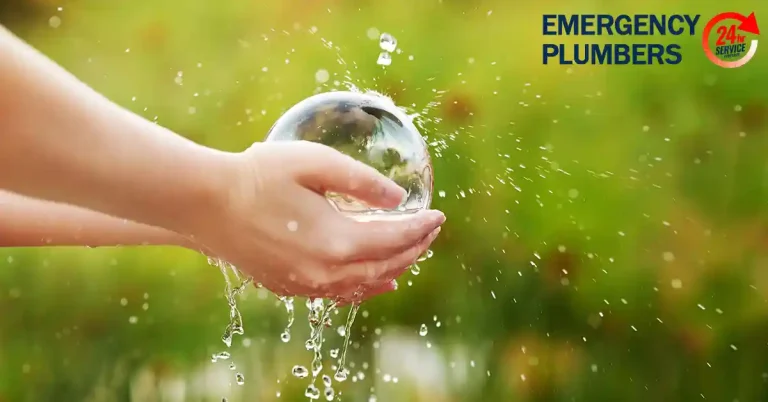 Hands holding a clear water sphere with water splashing out, against a green background. Text in the image reads "EMERGENCY PLUMBERS" with a 24-hour service logo.